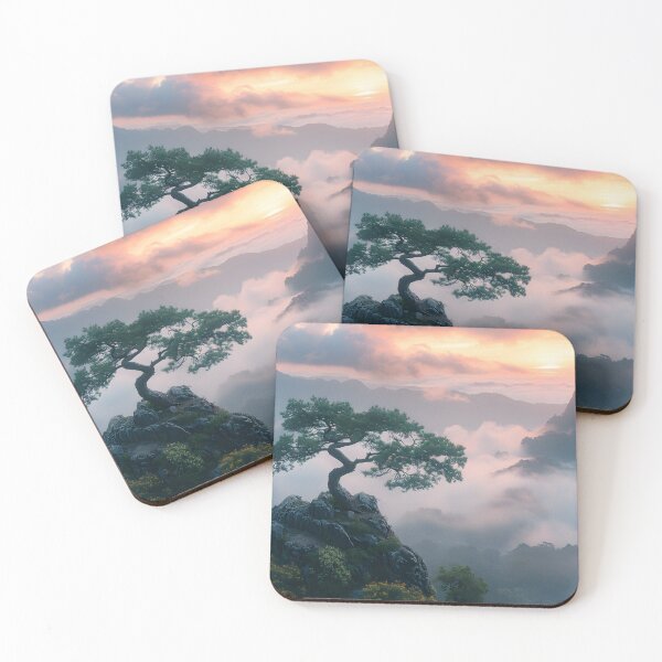 Item preview, Solitary tree atop misty mountains under sunrise glow designed and sold by Artessie.
