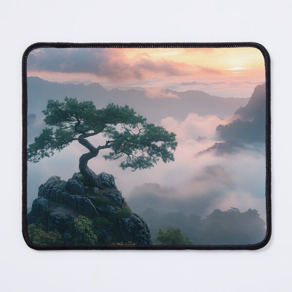 Item preview, Solitary tree atop misty mountains under sunrise glow designed and sold by Artessie.