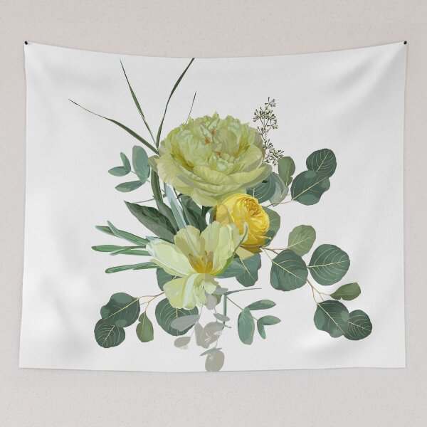 Item preview, Floral bouquet design: garden  yellow Rose wax flower, peony, tulip Eucalyptus branch greenery leaves. designed and sold by MatyKotiv.