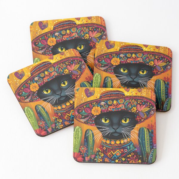 Item preview, Colorful cat with a vibrant floral sombrero and cacti designed and sold by Artessie.