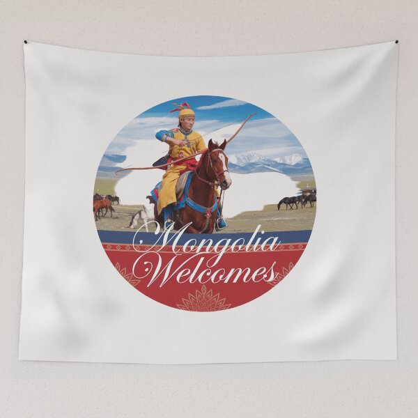 Item preview, Mongolia Welcomes Flag Map Ulaanbaatar, steppe, Gobi designed and sold by AnimalsDH305.