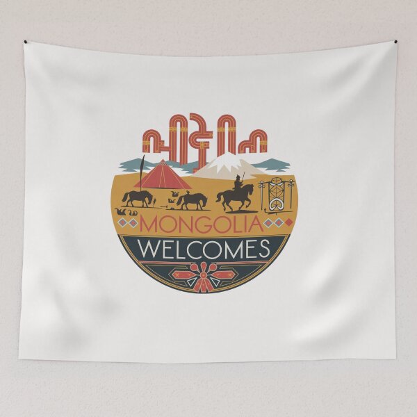 Item preview, Mongolia Welcomes Flag Map Ulaanbaatar, steppe, Gobi designed and sold by AnimalsDH305.