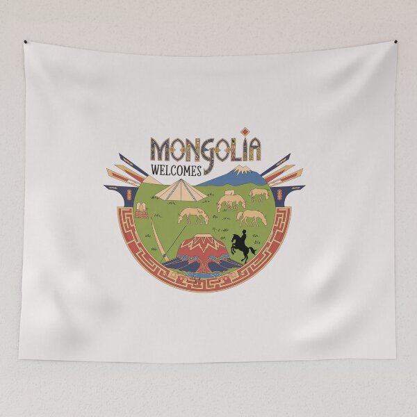 Item preview, Mongolia Welcomes Flag Map Ulaanbaatar, steppe, Gobi designed and sold by AnimalsDH305.