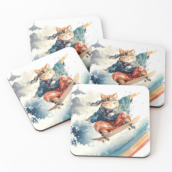 Item preview, Maneki-neko, Japanese cat skateboarder riding the waves, cat adventure!  designed and sold by Hadarita.