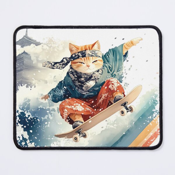 Item preview, Maneki-neko, Japanese cat skateboarder riding the waves, cat adventure!  designed and sold by Hadarita.