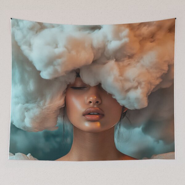 Item preview, A woman poses with a striking cloud-like hairstyle, blending art and fashion in a creative way, with soft lighting enhancing her features. designed and sold by anytka.