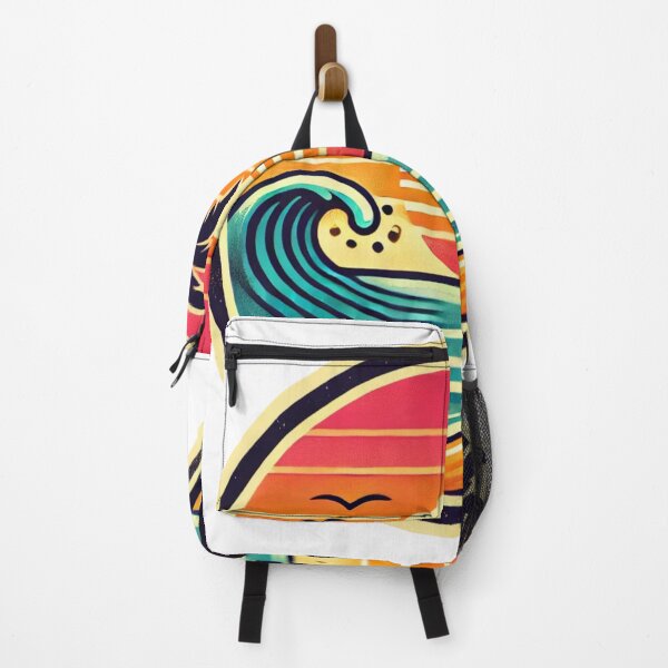 Item preview, Retro-inspired circular design featuring a vibrant beach scene with a sunset, palm trees, a surfboard, and stylized ocean waves. designed and sold by Orivali.