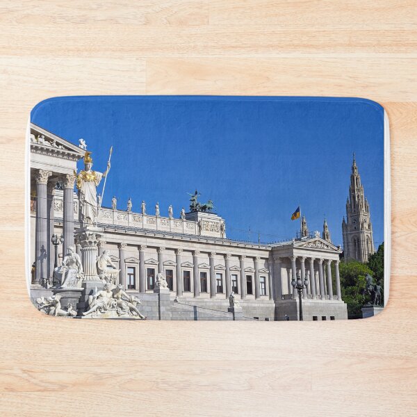 Item preview, Pallas Athena statue in front of Austrian Parliament and Rathaus tower in Vienna,Austria designed and sold by goceris.