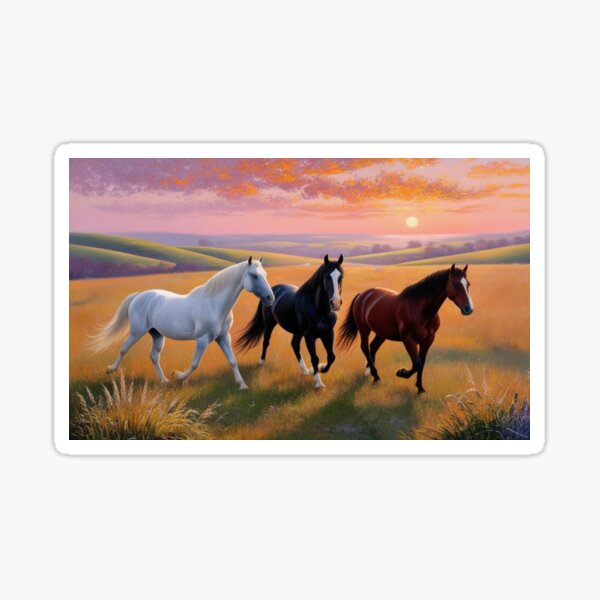 Item preview, A calm meadow dotted with horses under a vibrant sunset designed and sold by EtCreative.
