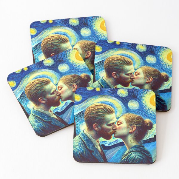 Item preview, Van Gogh kissing with a woman infused into Van Gogh's starry night famous painting art designed and sold by EmeraldeaArt.