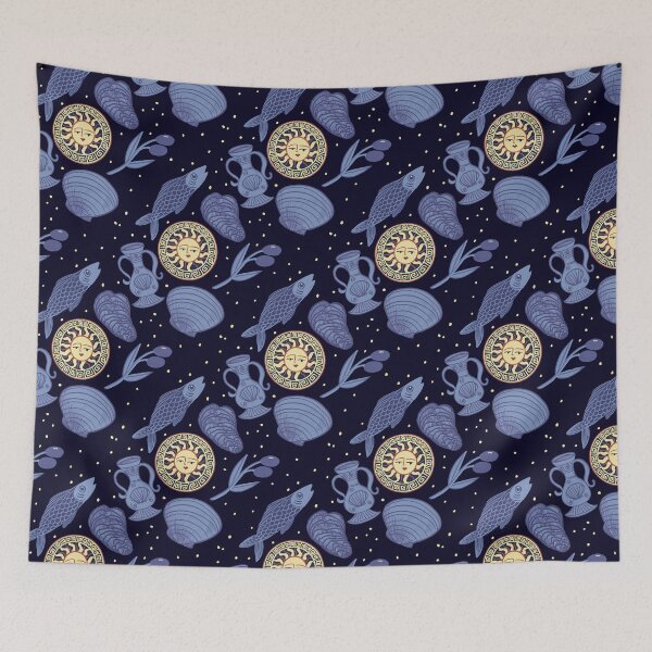Item preview, Mediterranean midnight blue Dream Pattern – coffee  Sun, Sea, and Olive Aesthetic - Illustration Jemma Jamie Skidmore  designed and sold by Jemma Jamie Skidmore.