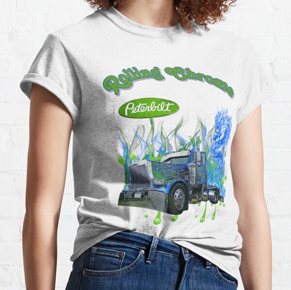 Vista previa del artículo con la obra «Camión Peterbilt Big Rig con llamas verdes y azules», diseñado y vendido por rharrisphotos.