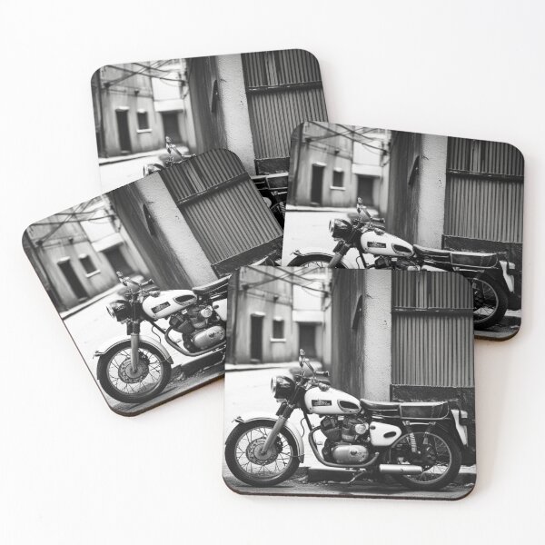 Item preview, A black and white photo of a vintage motorcycle parked near a grungy alley. designed and sold by PBSMondo.