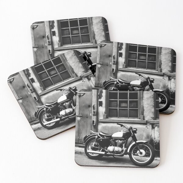 Item preview, A black and white photo of a vintage motorcycle parked near a grungy alley. designed and sold by PBSMondo.