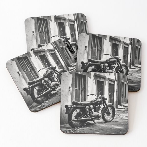 Item preview, A black and white photo of a vintage motorcycle parked near a grungy alley. designed and sold by PBSMondo.