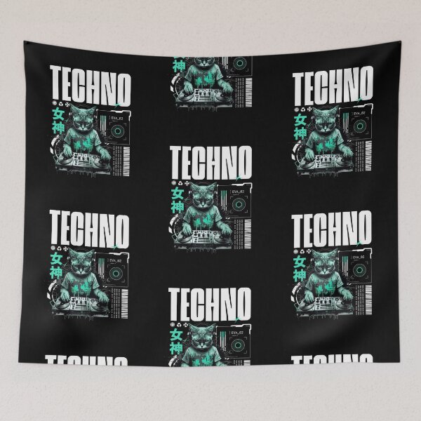 Item preview, TECHNO  - Future Cat Dj Vibes (White/Teal)  designed and sold by Discothreadz.