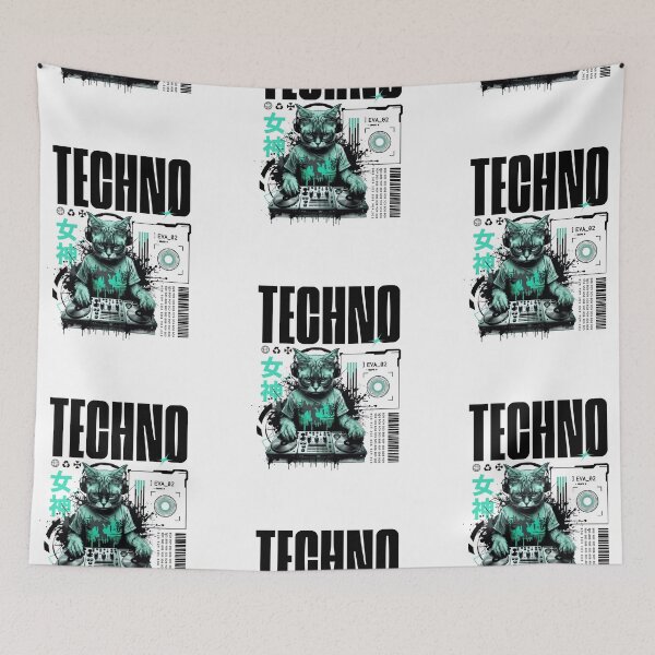 Item preview, TECHNO  - Future Cat Dj Vibes (Black/Teal)  designed and sold by Discothreadz.