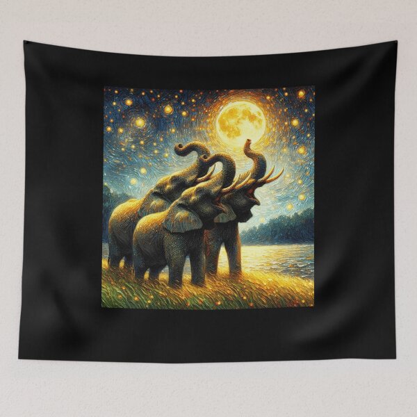 Item preview, Starry Night Three Elephants Howling at Moon Van Gogh Lover designed and sold by Kimberley King Art  King Art.