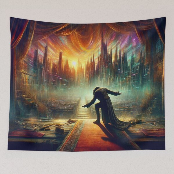 Item preview, AI generated man bowing on stage, dystopian fantasy designed and sold by AI-this-is-AI.