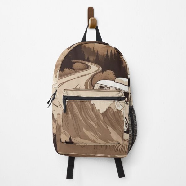 Item preview, A vintage camper van driving along a winding road, surrounded by trees and mountains, sepia tones with a nostalgic feel. designed and sold by PBSMondo.
