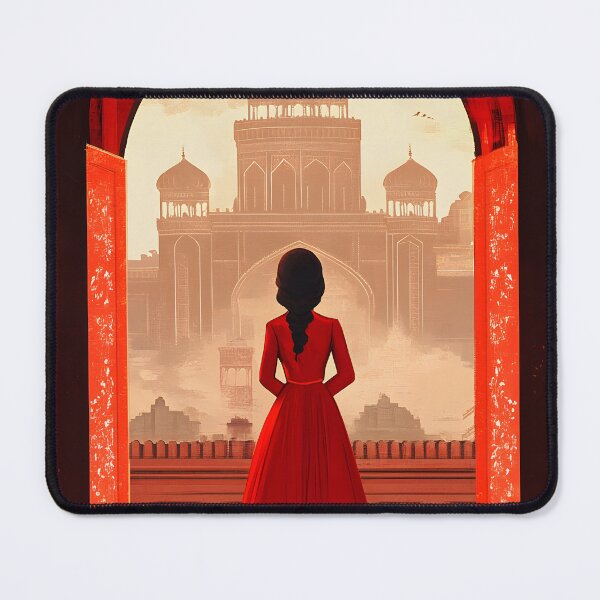 Item preview, Woman in red dress gazing at majestic ancient palace designed and sold by Artessie.