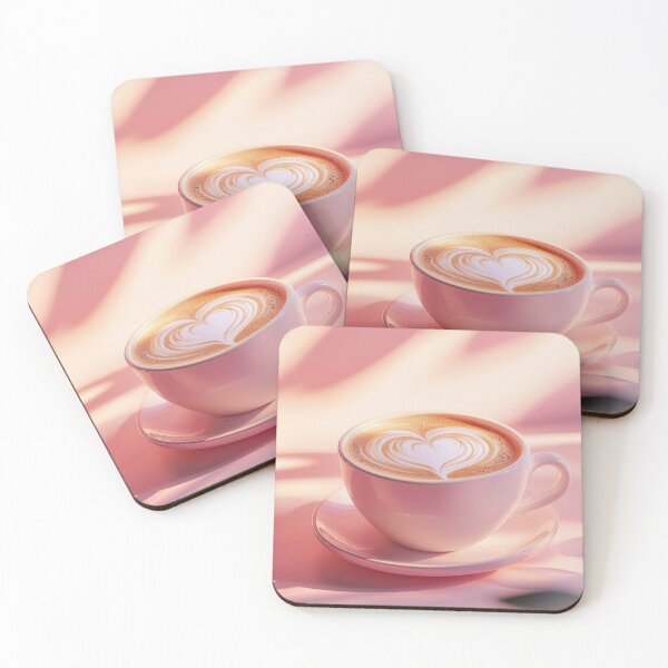 Item preview, A beautifully crafted cup of latte with heart-shaped latte art, placed on a pink surface with soft, warm lighting and shadows. designed and sold by ImagineCorner.