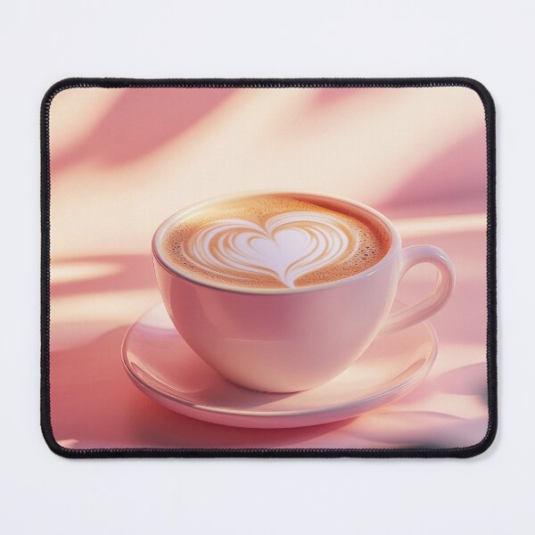 Item preview, A beautifully crafted cup of latte with heart-shaped latte art, placed on a pink surface with soft, warm lighting and shadows. designed and sold by ImagineCorner.