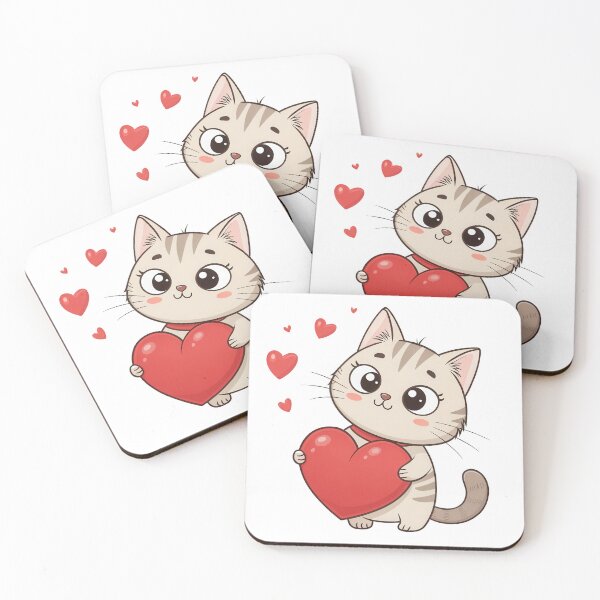 Item preview, A cute cartoon cat holding a large red heart, surrounded by floating hearts, expressing love and affection. designed and sold by DedeeArtthai.
