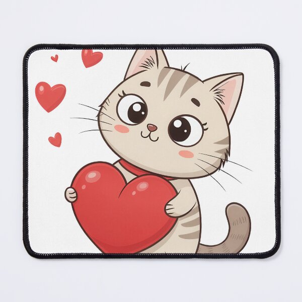 Item preview, A cute cartoon cat holding a large red heart, surrounded by floating hearts, expressing love and affection. designed and sold by DedeeArtthai.
