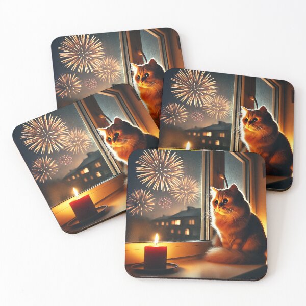 Item preview, "Golden Glow: A Cat's Quiet Wonder Amid Fireworks" designed and sold by philpace.