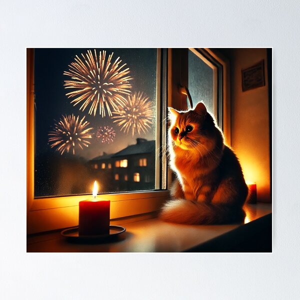 Item preview, "Golden Glow: A Cat's Quiet Wonder Amid Fireworks" designed and sold by philpace.