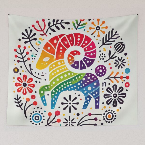 Item preview, Scandinavian Folk Art Rainbow Animals - Cute Colourful Aries Ram Zodiac by heidiannemorris designed and sold by FOLK ART FUSION by heidiannemorris.