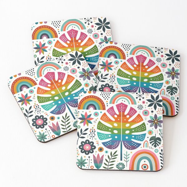 Item preview, Scandinavian Folk Art Rainbow Flora - Cute Colourful Monstera Leaf by heidiannemorris designed and sold by FOLK ART FUSION by heidiannemorris.