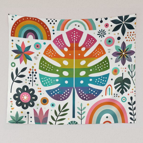 Item preview, Scandinavian Folk Art Rainbow Flora - Cute Colourful Monstera Leaf by heidiannemorris designed and sold by FOLK ART FUSION by heidiannemorris.