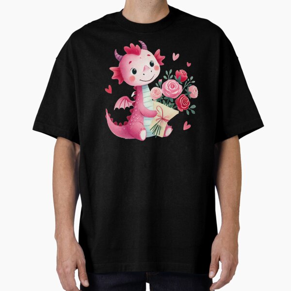 Cute Dragon Holding a Pink Roses Bouquet - Year of the Dragon Valentine's Day Oversized T-Shirt