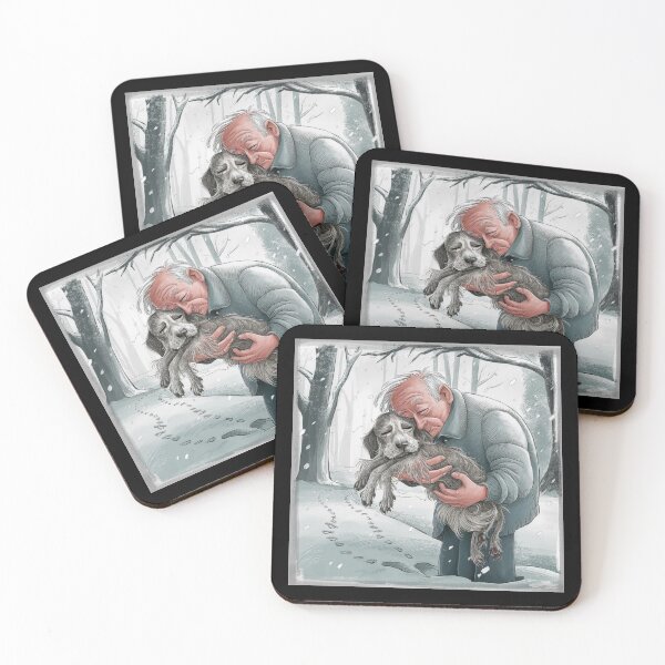 Item preview, Heartfelt Winter Hug - Elderly Man with Dog in Snowy Forest designed and sold by love3617.