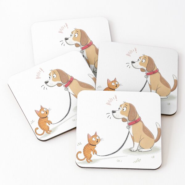 Item preview, A cartoon-style dog sits calmly while a surprised cat stands beside it designed and sold by DedeeArtthai.