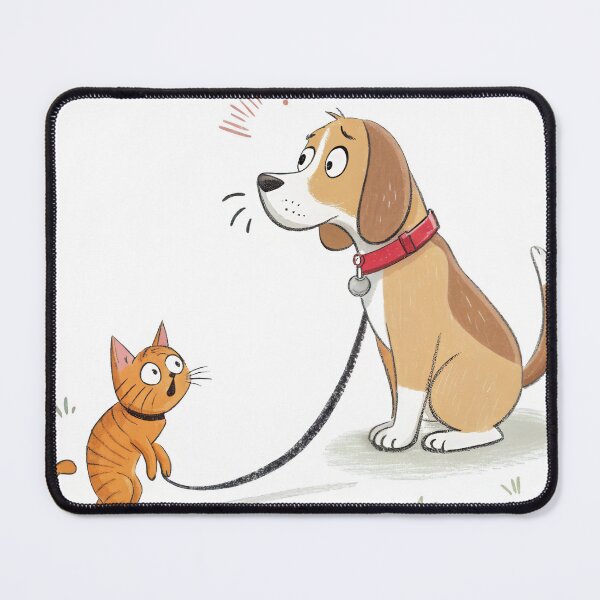 Item preview, A cartoon-style dog sits calmly while a surprised cat stands beside it designed and sold by DedeeArtthai.