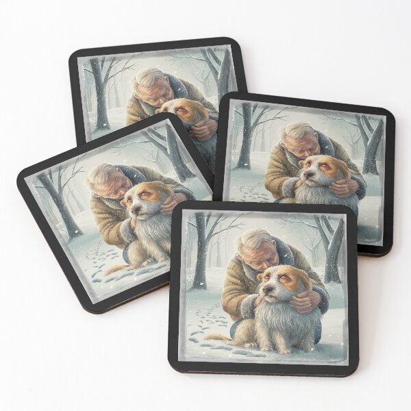 Item preview, Tender Winter Moment - Elderly Man Comforting Dog in Snow designed and sold by love3617.