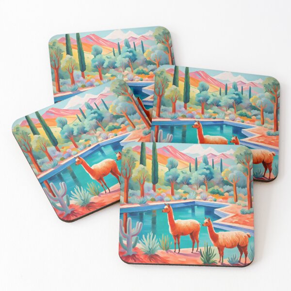 Item preview, Happy Llama couple on a walk, cactus, Valentine`s day, love designs, cute llama design next to a pool designed and sold by Coolparrotgirl.