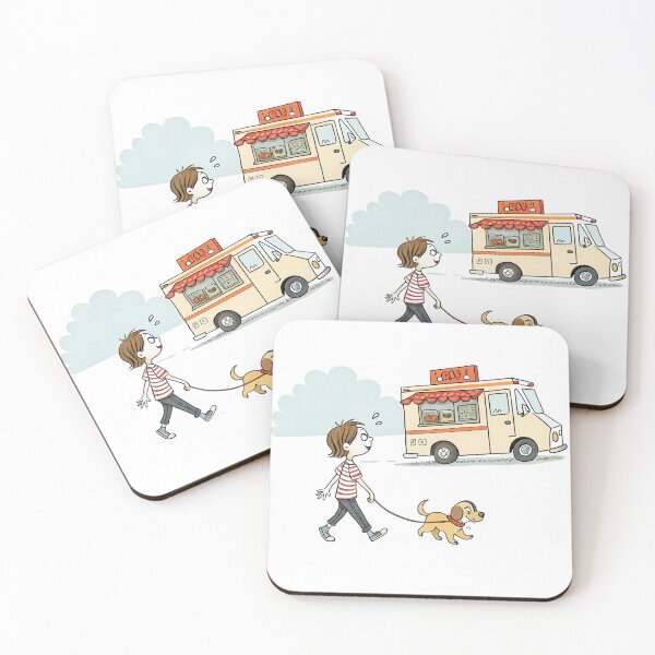 Item preview, A child happily walks a dog past a food truck. designed and sold by DedeeArtthai.