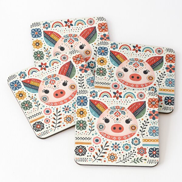 Item preview, Scandinavian Folk Art Rainbow Animals - Cute Colourful Pig by heidiannemorris designed and sold by FOLK ART FUSION by heidiannemorris.
