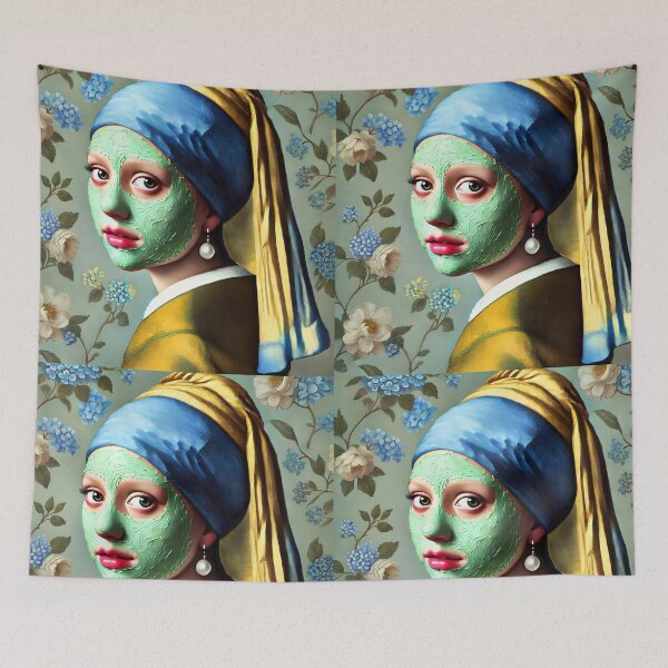 Item preview, Girl a pearl Earring with a green beauty mask on - remake of Girl with a pearl Earring by Vermeer designed and sold by EmeraldeaArt.
