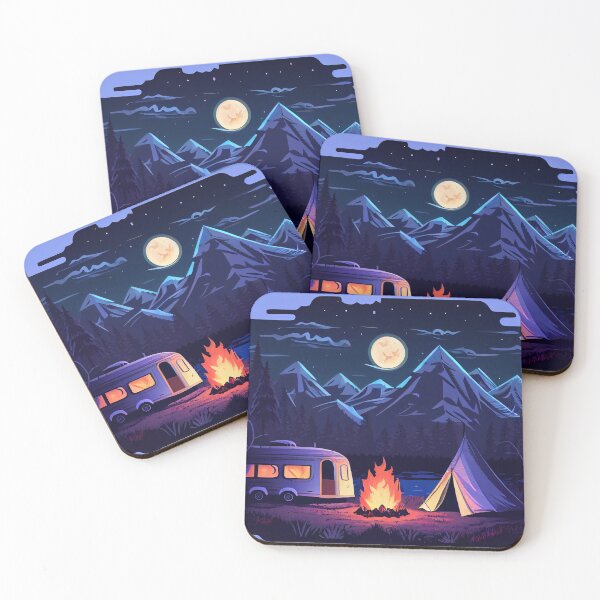 Item preview, Camper van and fireplace - night mountain, full moon and forest background image designed and sold by anytka.