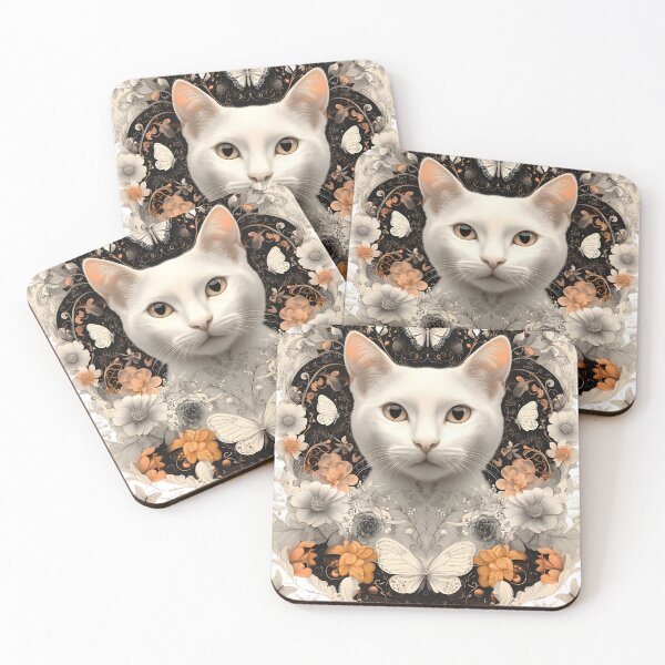 Item preview, White cat among flowers and butterflies designed and sold by EronCreations.