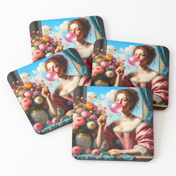Item preview, Renaissance Pun with a pink dress lady blowing a pink bubblegum sitting next to vintage peonies art designed and sold by EmeraldeaArt.