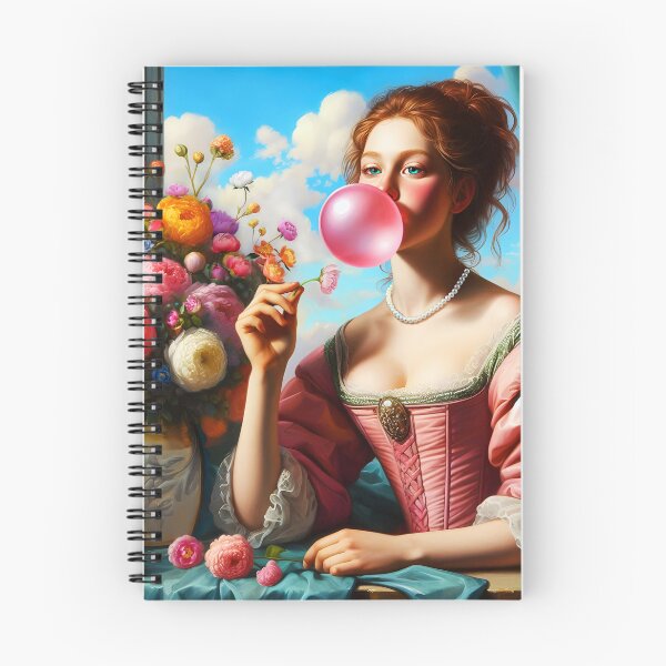Item preview, Renaissance Pun with a pink dress lady blowing a pink bubblegum sitting next to vintage peonies art designed and sold by EmeraldeaArt.