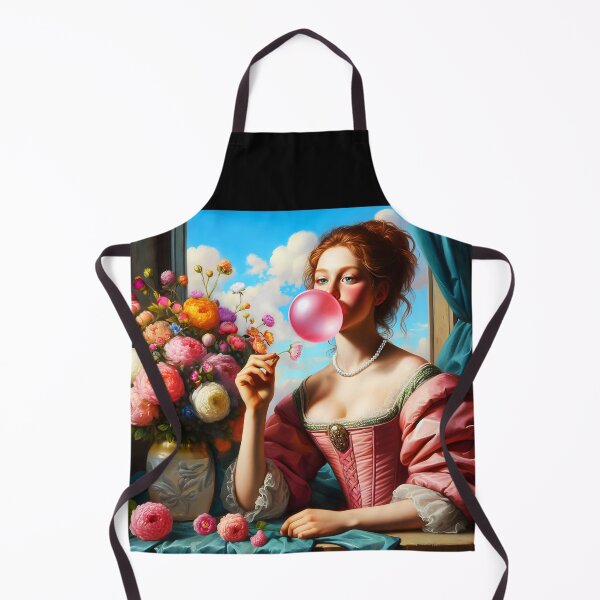Item preview, Renaissance Pun with a pink dress lady blowing a pink bubblegum sitting next to vintage peonies art designed and sold by EmeraldeaArt.