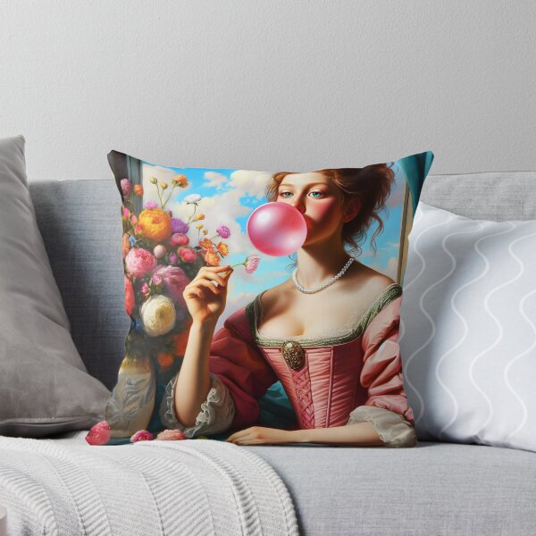Item preview, Renaissance Pun with a pink dress lady blowing a pink bubblegum sitting next to vintage peonies art designed and sold by EmeraldeaArt.