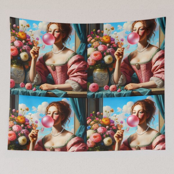 Item preview, Renaissance Pun with a pink dress lady blowing a pink bubblegum sitting next to vintage peonies art designed and sold by EmeraldeaArt.